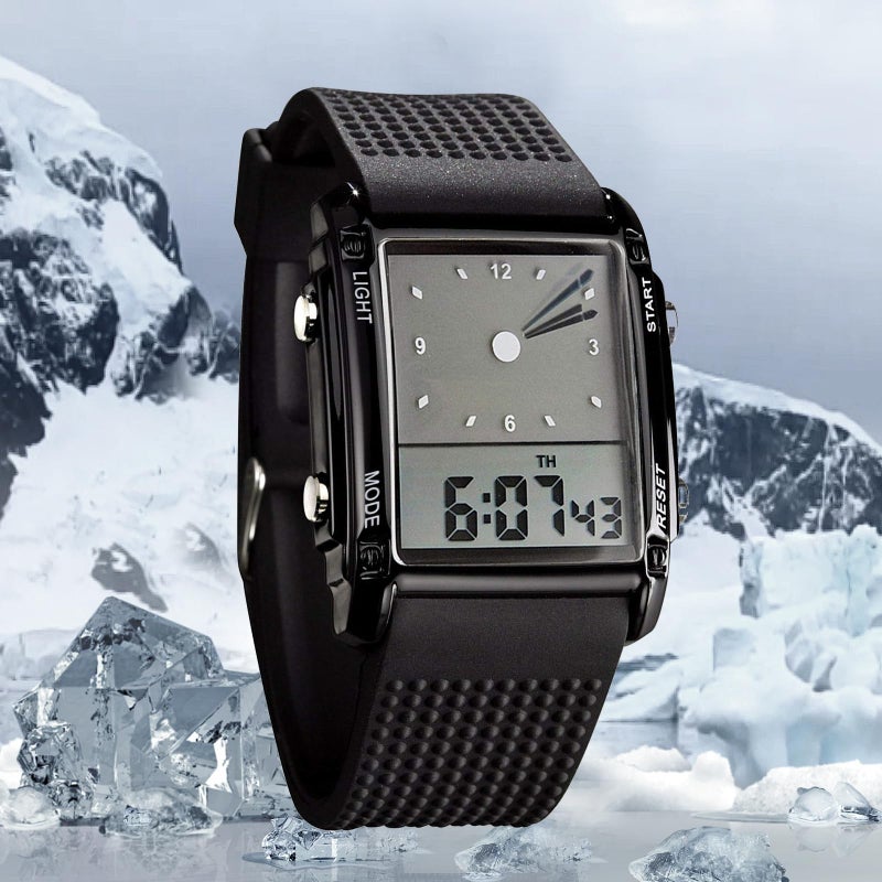 FANMIS Men's Rectangle Dial Sports Wrist Watches with 7 Colors Optional LED Backlight Multifunctional Alarm Stopwatch 12/24H Rubber Strap Watch - Image 3